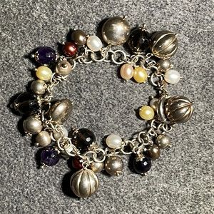 MILOR STERLING PUFFY CHARM BRACELET WITH PEARL AND FACETED GEMSTONE 7" ITALTY